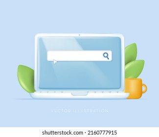 Search bar template on a laptop. Navigation Search for browser. Vector illustration in cartoon minimal 3D style