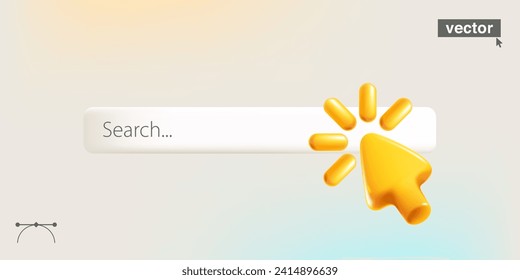 Search bar template for website and app. Navigation search tab for browser. Realistic 3D arrow, cursor with loading icon. Vector illustration in cartoon style with text block.