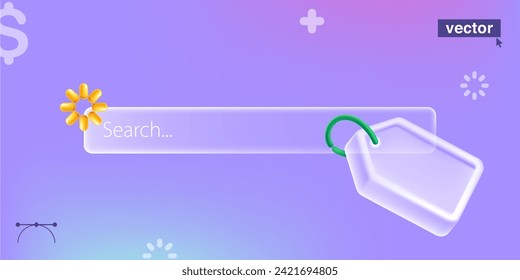 Search bar template for website and app in glassmorphism style. Realistic 3D Sale label tag with dollar symbol, ribbon, loading icon and sphere. Cartoon style discount kit. Special offer template.