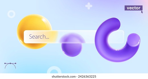 Search bar template for website and app. Navigation search tab for browser. Realistic 3D loading indicator in volume semicircle line and spheres in glassmorphism style. Download progress bar.