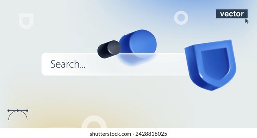 Search bar template for website and app. Navigation search tab for browser. Blue security shield in glassmorphism style. 3D render in plastic style. Vector for antivirus protection, good password.