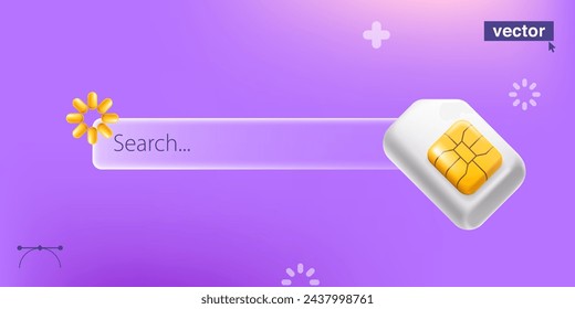 Search bar template for website and app with mobile phone SIM card with golden chip. Navigation search tab for browser. 3D render glassmorphism style for telecom app, NFC payment, wireless network.