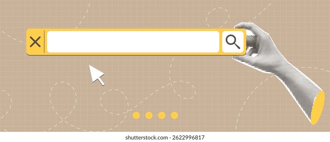 Search bar template for website. Contemporary art collage. Infographics design. Navigation search for web browser. Concept of education, creativity, study, homework, e-learning. Retro style. Poster an