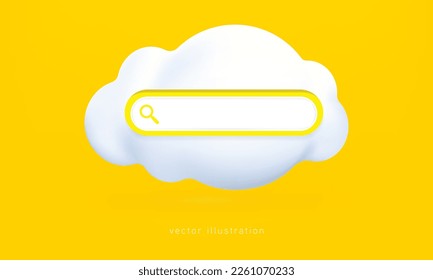 Search bar template for website. Navigation search for browser. Realistic 3d magnifier glass. Pastel Soft colors yellow and blue background. 3d vector rendering.