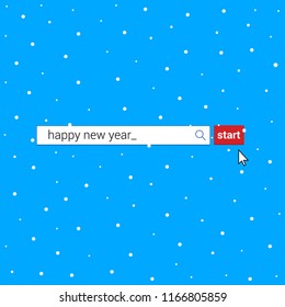 Search bar with text happy new year and button go with arrow cursor pointer. Flat style design invitation to the new year party or event postcard vector illustration isolated on snow background.