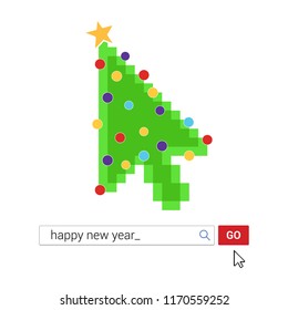 Search bar with text Merry christmas and button go with christmas tree, arrow cursor pointer. Flat style design invitation to the new year party postcard vector illustration isolated on background.