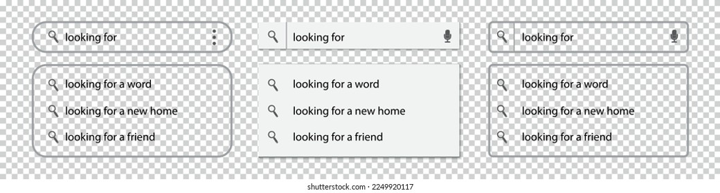 Barra De Búsqueda Con Sugerencias De Texto, Vidrio De Aumento Y Micrófono - Diferentes Ilustraciones Vectoriales Aisladas En Fondo Transparente