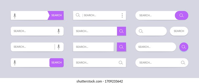 Search bar UI buttons. Mobile web application graphic design for browsers, search elements with text field, computer searched navigator. Vector illustration