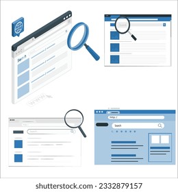 Suchleiste nach ui, design und web site. Sammlung von Suchformularvorlagen für Websites. Web-Suchmaschinenseite oder Webfenster einzeln auf weißem Hintergrund. Browser mit Suchleiste im Internet 2007