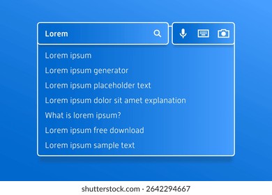 L'interface utilisateur de la barre de Recherche présente des suggestions de requêtes sur « Lorem ipsum », avec des icônes pour la voix, le clavier et la recherche visuelle dans une disposition numérique propre.