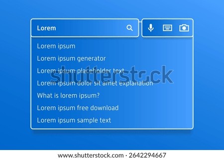 Search bar UI mockup with suggested queries about “Lorem ipsum,” featuring icons for voice, keyboard, and visual search in a clean digital layout.