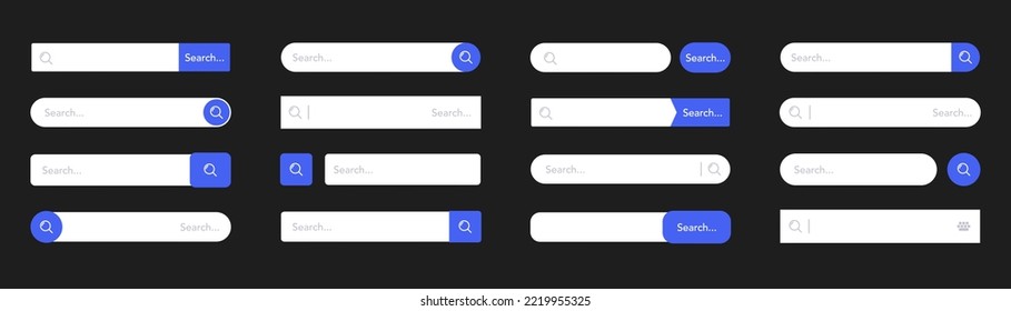 Search bar for UI UX design, app and web site. Www search boxes template. Searching panel. Search Address and navigation bar. Collection of search engine form browser templates for websites