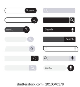 Search bar user interface collection, desing ui. Vector search web bar, navigation website ui, element to find information, browser with mic and magnifier illustration