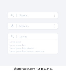 Search bar vector design element with pop up list or search results.. Set of search bar boxes. UI interface template isolated on bright background.