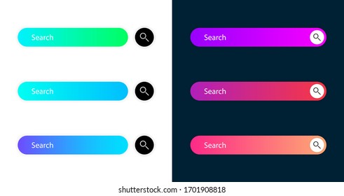 Search bar vector element with diferent design, set of ten search boxes ui template on white and gray blue background. Vector illustration.