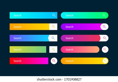 Search bar vector element with diferent design, set of ten search boxes ui template on dark blue background. Vector illustration.