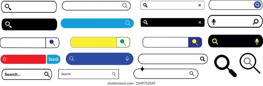 Search bar vector set, UI search bar icon collection in diverse styles, including magnifying glasses, microphones, and colorful designs. Modern digital search interface elements ideal for UI design