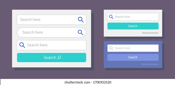 Search bar web fields vector template design illustration, set of ui search box form and button with magnifier interface modern element isolated on dark background