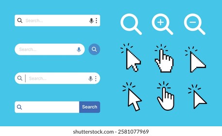 Search Bar for Web and Mobile Application Graphic Collection with Text Field and Search Button and cursor icon and zoom icon or magnifying glass icon. Vector Illustration