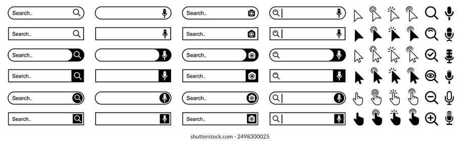Search bar web page internet browser button, search box template isolated, various shape search bar boxes collection icon, cursor, magnifying glass, microphone