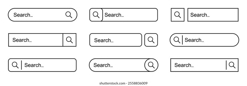 Search bar web page internet browser button set, search box template isolated, various shape search bar boxes collection icon, address and navigation