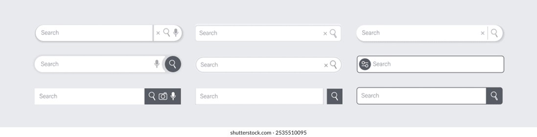 Barra de pesquisa. Design de interface do usuário do site, caixa de pesquisa na Internet, campo de texto do mecanismo do navegador, barra de navegação com botão de ação. Conjunto de modelos de vetor do elemento da Web da interface.