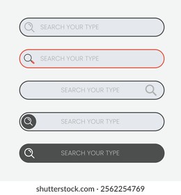 Search bar. Website ui design, search Internet box, browser engine text field, navigation bar with push button. Interface web element templates set.