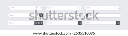 Search bar. Website ui design, search Internet box, browser engine text field, navigation bar with push button. Interface web element vector templates set.