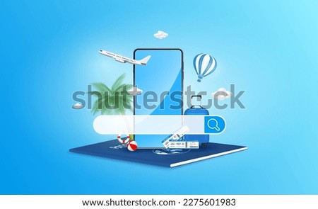 Search bar white empty and smartphone, luggage blue on passport. Airplane is taking off with hot air balloons. Ad template for making tourism. Searching to travel. 3D Vector EPS10.