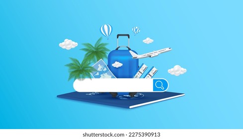 Search bar white and luggage blue on passport with airplane is taking off. Hot-air balloons flying over the coconut tree cloud. Making ad media about tourism. Searching to travel. 3D Vector EPS10.