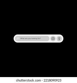 Concepto de interfaz de usuario del widget de la barra de búsqueda en fondo negro. Ilustración de medios sociales. Barra de búsqueda editable con icono de foto y micrófono. Elemento Web para aplicaciones móviles. Ilustración del vector