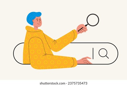 Search bar with women looking through magnifying glass