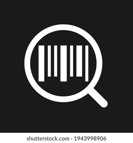 Search barcode flat icon isolated on black background. Magnifying glass searching barcode.