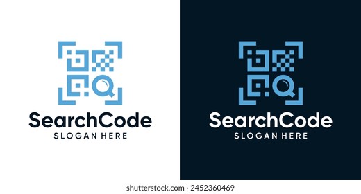 Suchen Barcode Logo Design Vorlage. QR-Code mit Lupe Logo Design grafische Vektorillustration. Symbol, Symbol, kreativ.