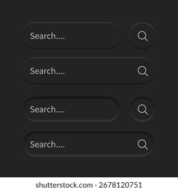 Barras De Pesquisa Em Diferentes Variantes UI Neumorfismo Versão Escura Elementos De Design Definidos Em Segundo Plano. Componentes de UI em estilo neumórfico simples para aplicativos, sites, interfaces, rede de mídia social