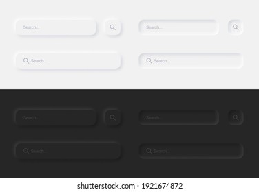 Search Bars In Different Variations UI UX Neumorphic Design Elements Set On Abstract Background. Aesthetic Neumorphism Style User Interface Components In Light And Dark Version