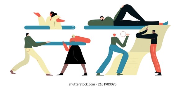 Search bars and people browsing online information, surfing internet. SEO concept. Flat graphic vector illustration isolated on white background.