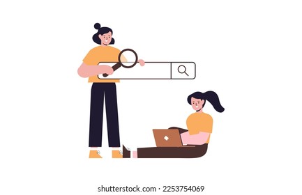 Search bars and people browsing online information, surfing internet. Characters look for and find query in web browser