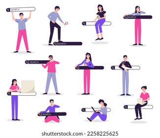 Search bars and people browsing online information, surfing internet. Personalised search results, SEO optimisation and search bar with finders characters vector set