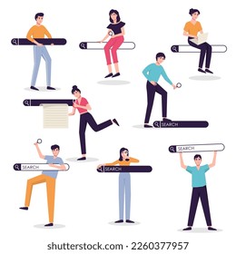 Search bars and people browsing online information, surfing internet. Personalised search results, SEO optimisation and search bar with finders characters vector set