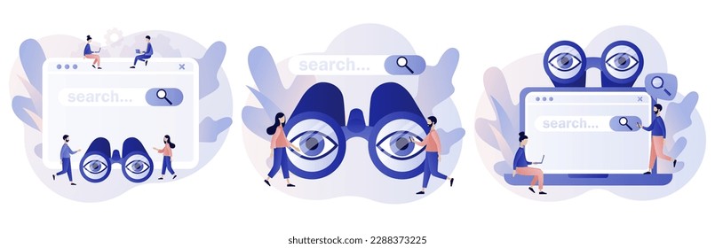 Search bars. People browsing online information, surfing internet with binocular and magnifying glass. SEO concept. Modern flat cartoon style. Vector illustration on white background