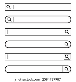 Search Bars Set. Simple Outline Vector. User Interface Design. Loupe Illustration.