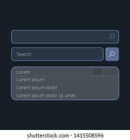 Search bars templates set with pop up list or search results. Web page for internet browser or web page with elements of search magnifier icon and frame field for text.