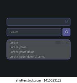 Search bars templates set with pop up list or search results. Web page for internet browser or web page with elements of search magnifier icon and frame field for text