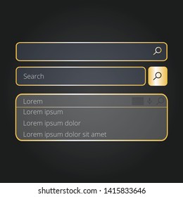 Search bars templates set with pop up list or search results. Web page for internet browser or web page with elements of search magnifier icon and frame field for text. Gold gradient