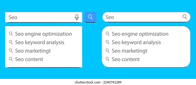 Search bars templates set with pop up list or search results. Vector flat template design for internet browser or web page with elements of search magnifier icon and frame field for text