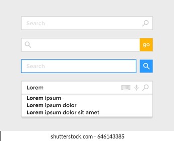 Search Bars Templates Set With Pop Up List Or Search Results. Vector Flat Template Design For Internet Browser Or Web Page With Elements Of Search Magnifier Icon And Frame Field For Text