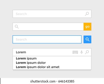 Search bars templates set with pop up list or search results. Vector flat template design for internet browser or web page with elements of search magnifier icon and frame field for text