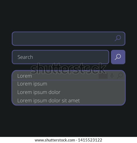Search bars templates set with pop up list or search results. Web page for internet browser or web page with elements of search magnifier icon and frame field for text