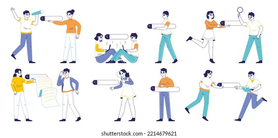 Search Bars Using, People Browsing Internet. Man And Woman Searching Answer Online, Search Bars Browsing Information Flat Vector Illustration Set. Web Search Bar Users